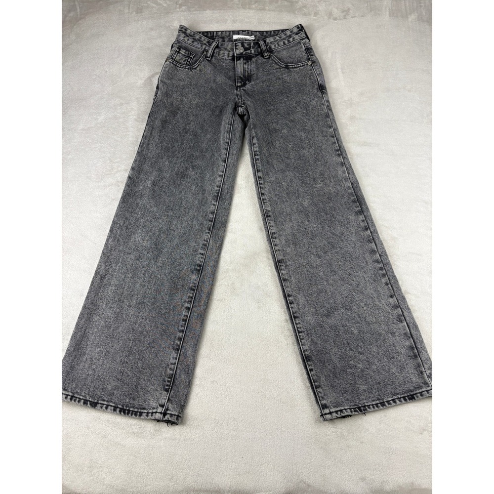 SONG Women Acid Wash Black Wide Leg Jeans Raw Hem Size 00/23 Relaxed Straight